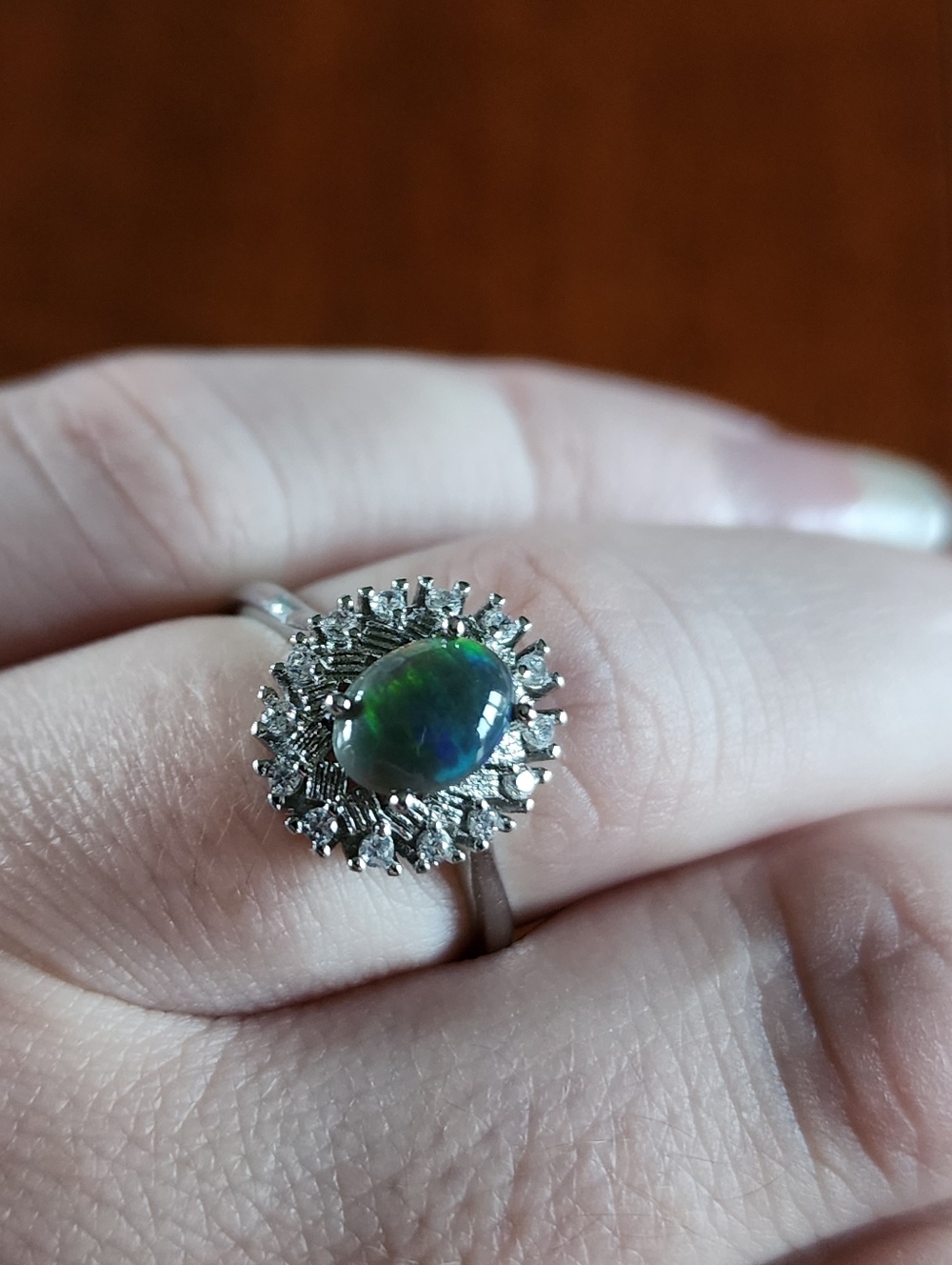 Sterling Silver Ethiopian Black Opal Cabachon & CZ Halo Ring adjustable size NEW